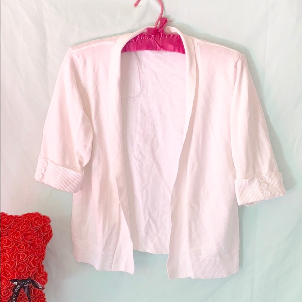 Linda Matthews white cardigan